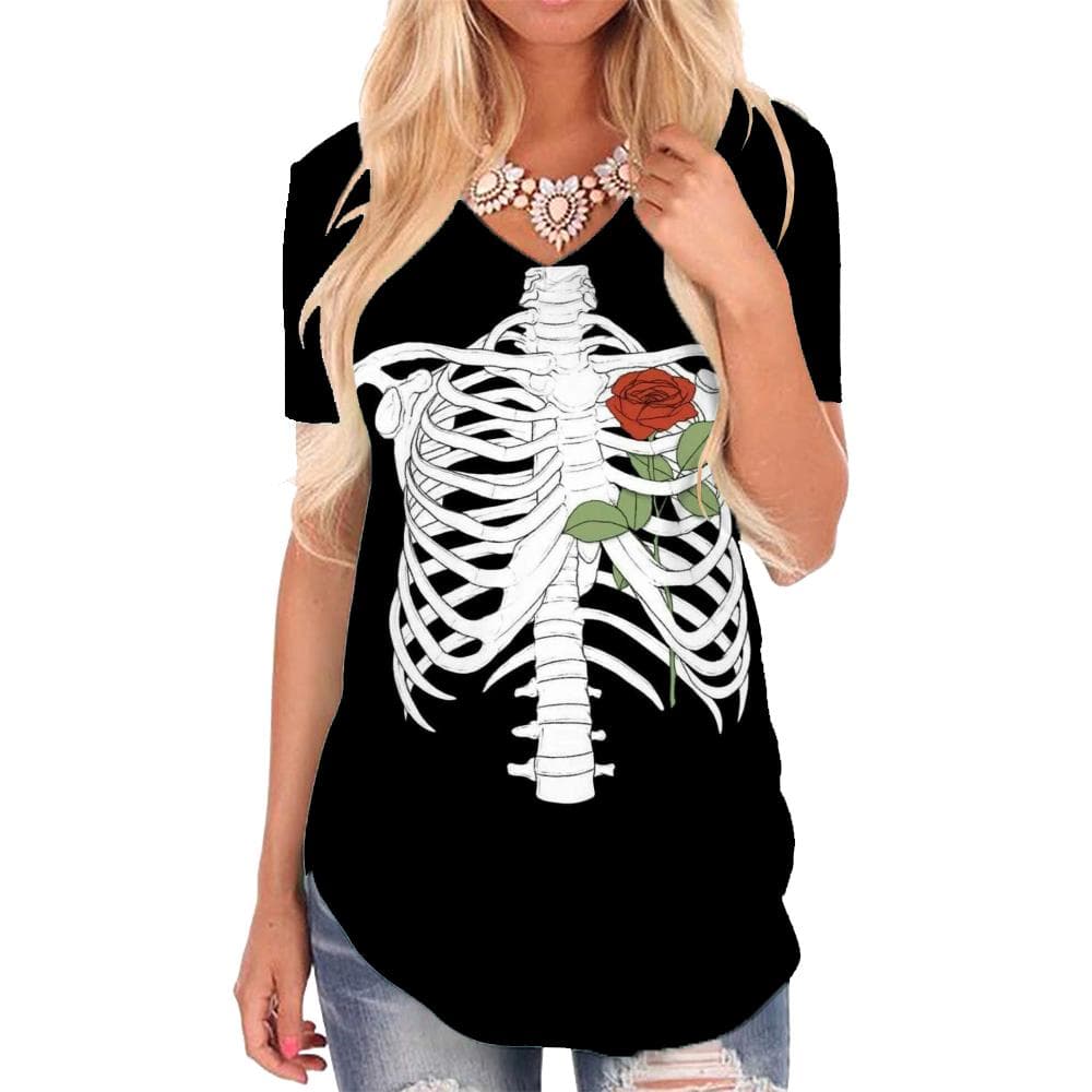 Skeleton T-shirt women Flower V-neck Tshirt Art Shirt Print Hip Hop Tshirts Printed