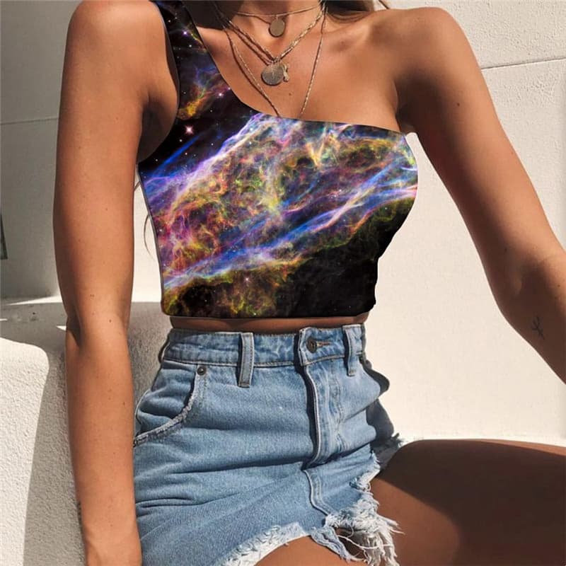 Galaxy Tank Tops Women Space Midriff T shirt Universe One Shoulder Crop Colorful Sleeveless Shirt