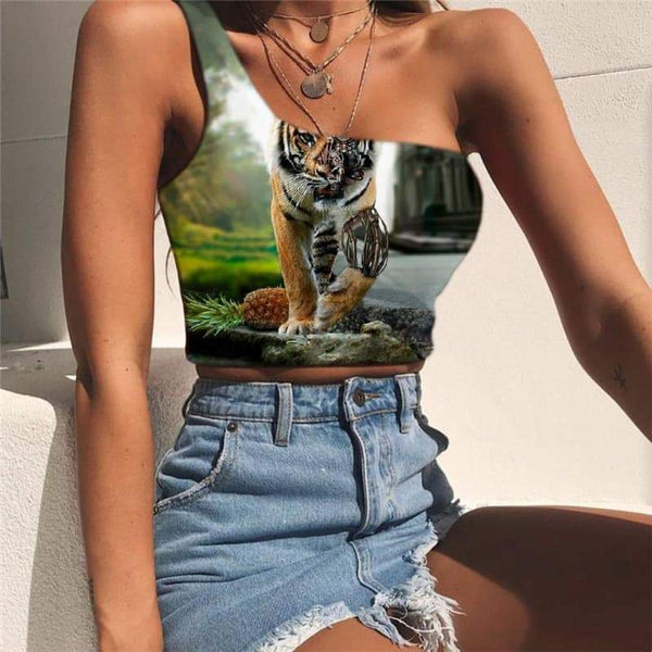 Lion Tank Tops Women Animal Sleeveless Shirt Anime One Shoulder Crop Tiger Tees Graphic Harajuku Midriff T shirt - KYKU