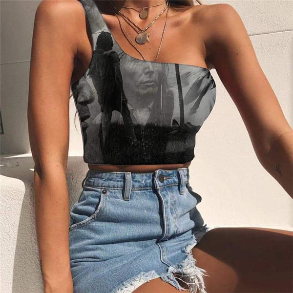 Indios Tank Tops Women Painting Midriff T shirt Retro One Shoulder Crop - KYKU