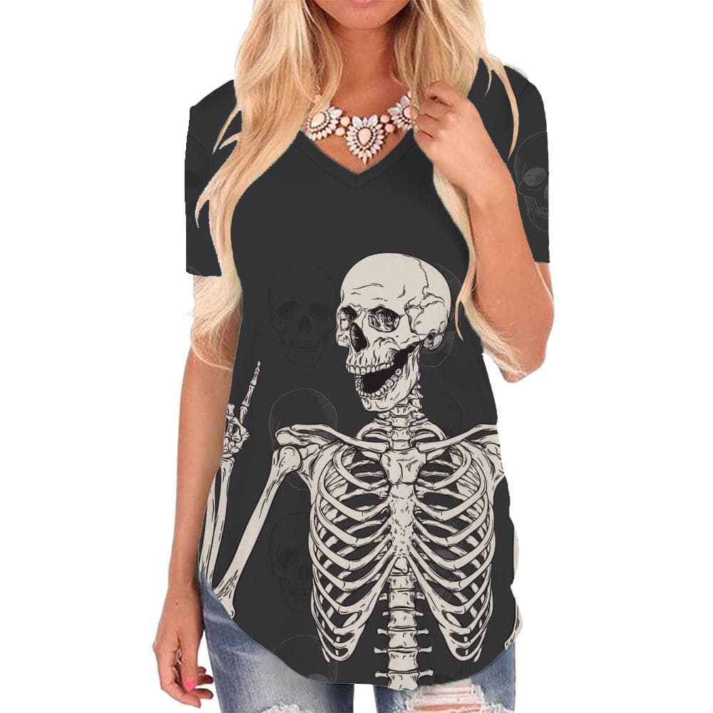 Skull T-shirt women Skeleton V-neck Tshirt Hip Hop Tshirts Printed Rock Funny T shirts