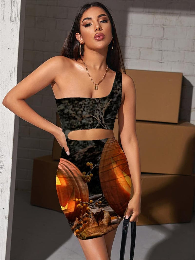 Halloween Dress Women Pumpkin Bodycon Dress Party Halter Sleeveless Harajuku Vestido Sexy