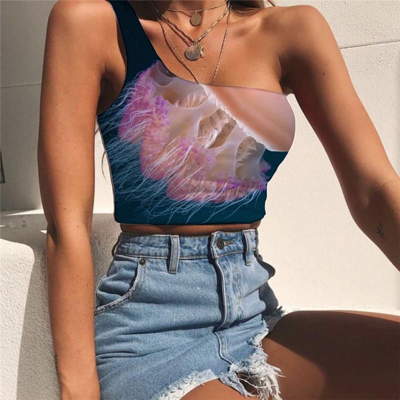 Jellyfish Tank Tops Women Harajuku Midriff T shirt Colorful One Shoulder Crop Ocean Sleeveless Shirt
