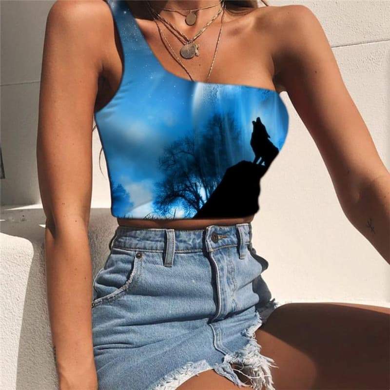 Wolf Vest Tops Women Animal Midriff T shirt Anime Sleeveless Shirt Moon One Shoulder Crop Blue Tees Graphic - KYKU