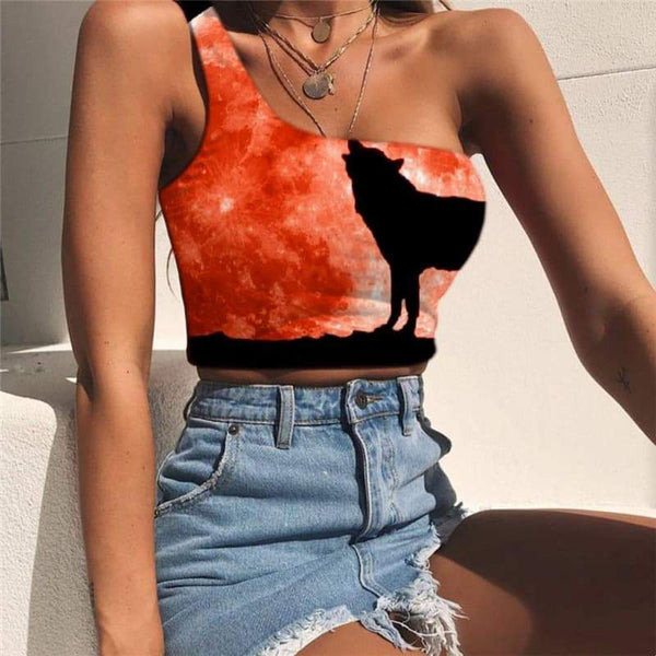 Wolf Vest Tops Women Animal Midriff T shirt Anime Tees Graphic Moon One Shoulder Crop Red Sleeveless Shirt - KYKU