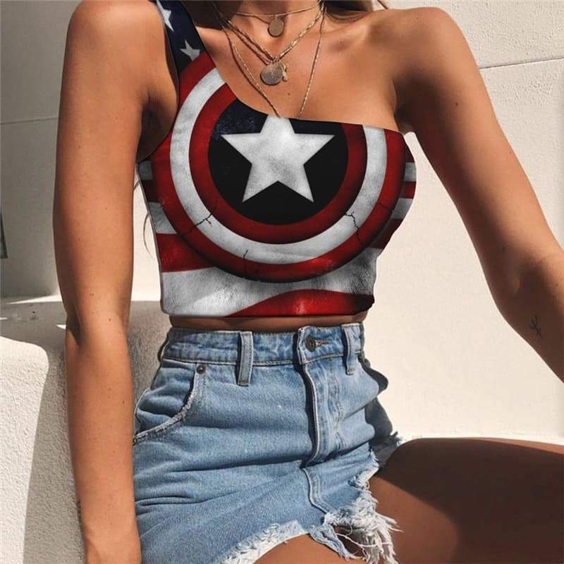 United States Tank Tops Women National Flag One Shoulder Crop Stripe Sleeveless Shirt - KYKU