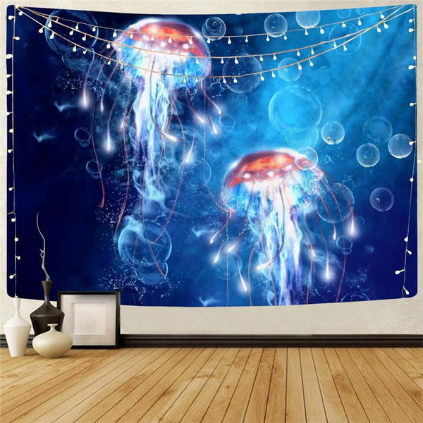 Ocean Tapestry Jellyfish Rug Wall Fluorescence Tapestries Blue Wall Tapestry