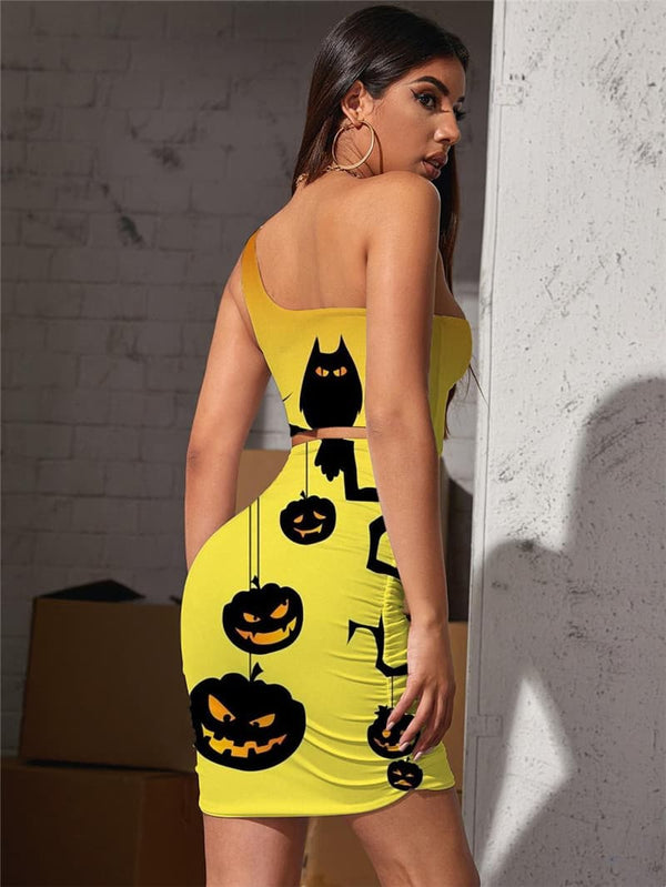 
Pumpkin Dress Women Halloween Halter Sleeveless Bat Hollow out Dresses Moon 3d Print
                