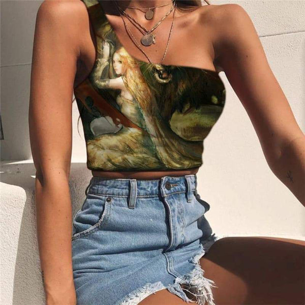 Lion Tank Tops Women Animal Tees Graphic Anime Sleeveless Shirt Graffiti One Shoulder Crop War Midriff T shirt - KYKU