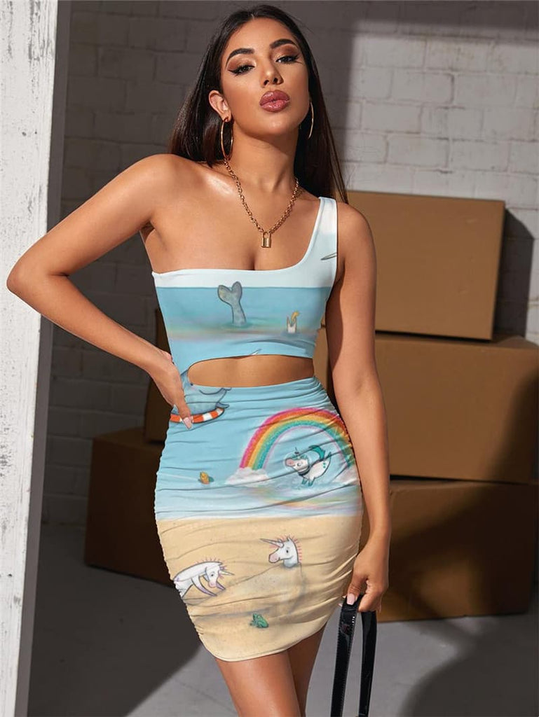 Unicorn Dress Women Animal 3d Print Rainbow Halter Sleeveless Flame Hollow out Dresses Hip Hop Bodycon Dress