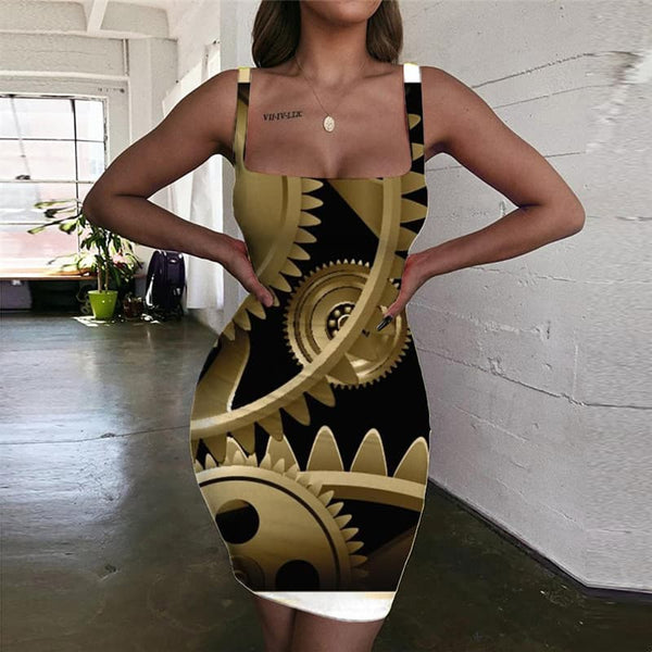 Metal Dress Women Engine Bodycon Dress Gear Vestido Sexy Golden Halter Sleeveless