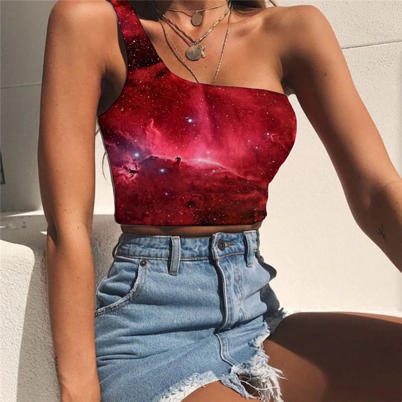 Galaxy Vest Tops Women Space Midriff T shirt Universe One Shoulder Crop Red Sleeveless Shirt Nebula Tees Graphic