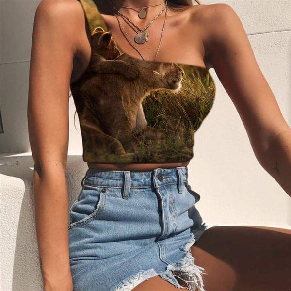 Lion Tank Tops Women Animal One Shoulder Crop Anime Sleeveless Shirt Lovely Midriff T shirt Street Tees Graphic - KYKU