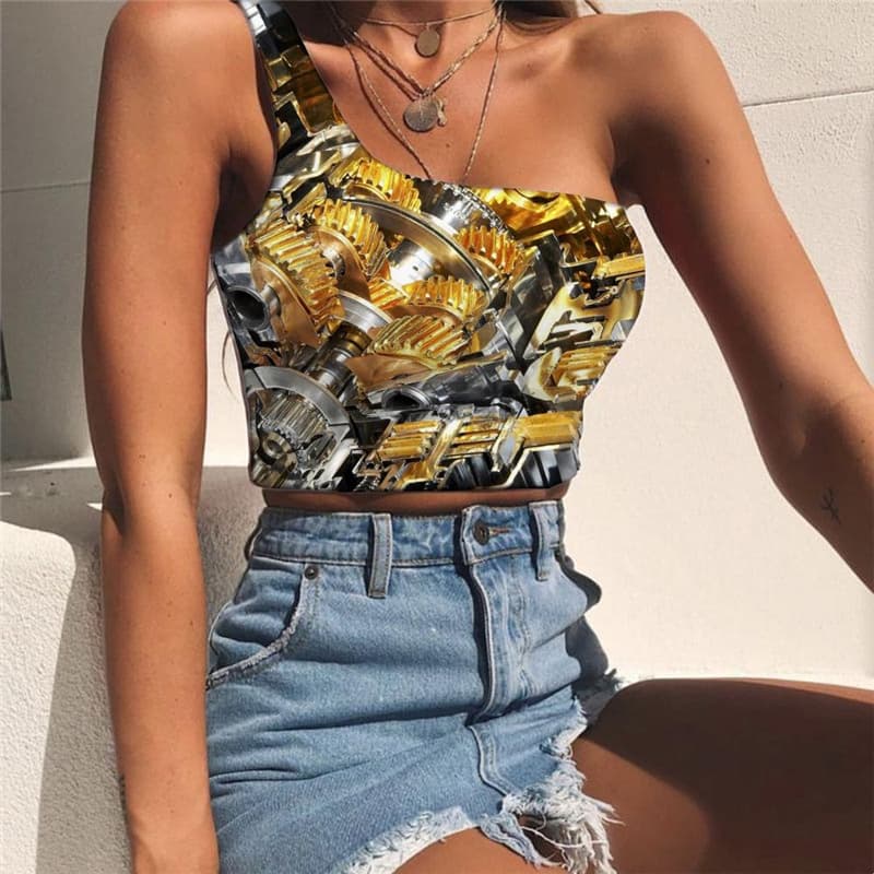 Metal Vest Tops Women Engine Tees Graphic Gear Sleeveless Shirt Hip Hop Midriff T shirt