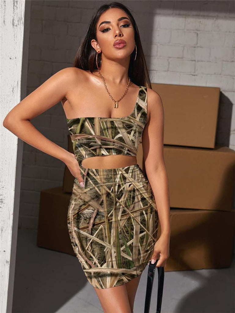 Camouflage Dress Women Psychedelic Bodycon Dress Abstract Hollow out Dresses Straw Pleating