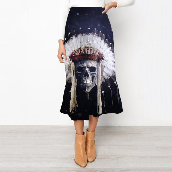 Skull Skirt Women Punk High waist skirts Indian Rock Frauen Feather Skirt Ladies - KYKU