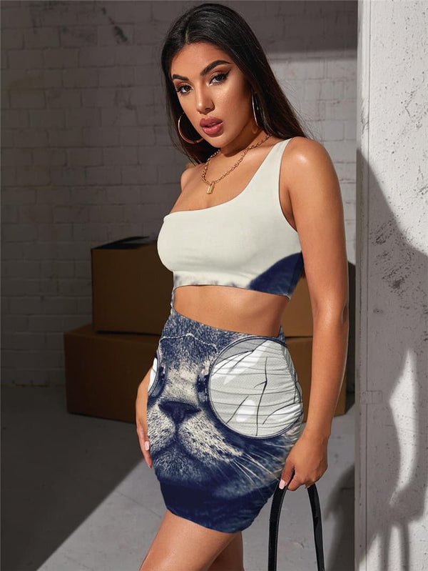 
Cat Dress Women Animal 3d Print Lovely Pleating Hip Hop Vestido Sexy Rock Bodycon Dress
                