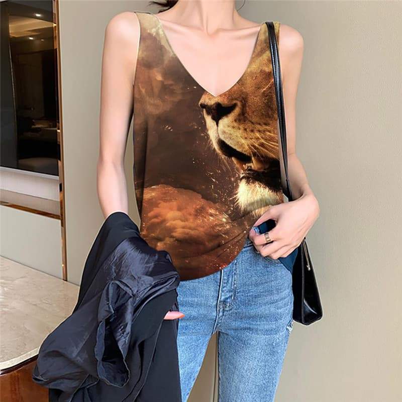 Lion Tank Top Women Animal Tank Tops Casual Anime Funny Top Nebula Vest Printed Harajuku Vest Print - KYKU