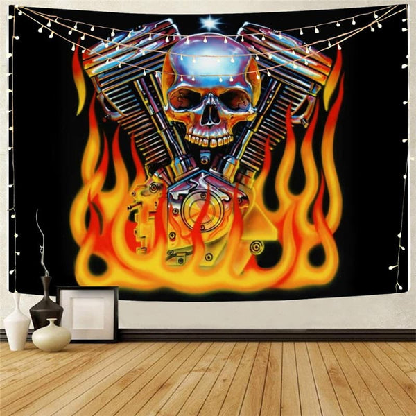 Skull Tapiz Punk Wall Tapestry Flame Tenture Mandala Motorcycle Home Tapestrys