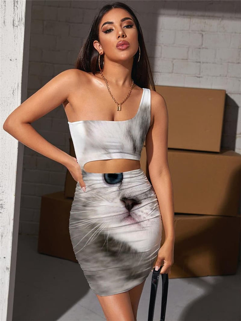 Animal Dress Women Cat Pleating Lovely Halter Sleeveless Harajuku 3d Print