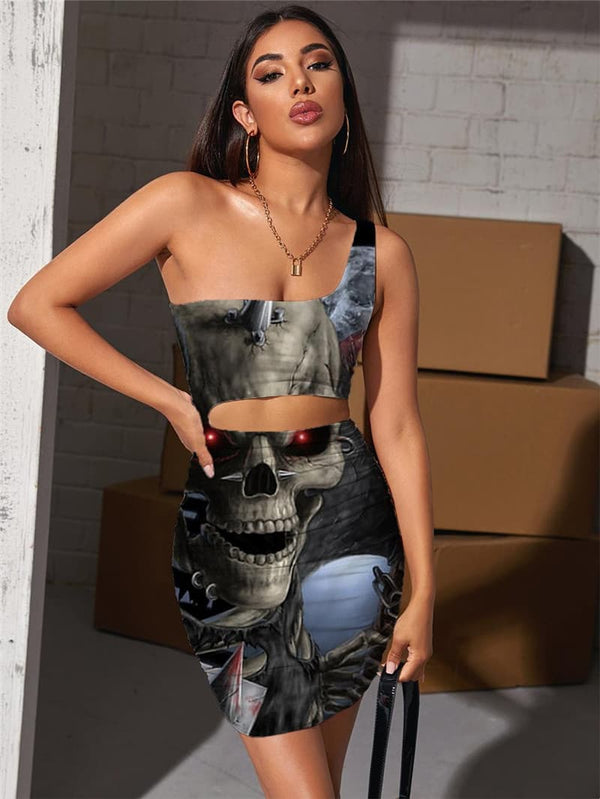 Skull Dresses Women Skeleton 3d Print Halloween Pleating Moon Bodycon Dress