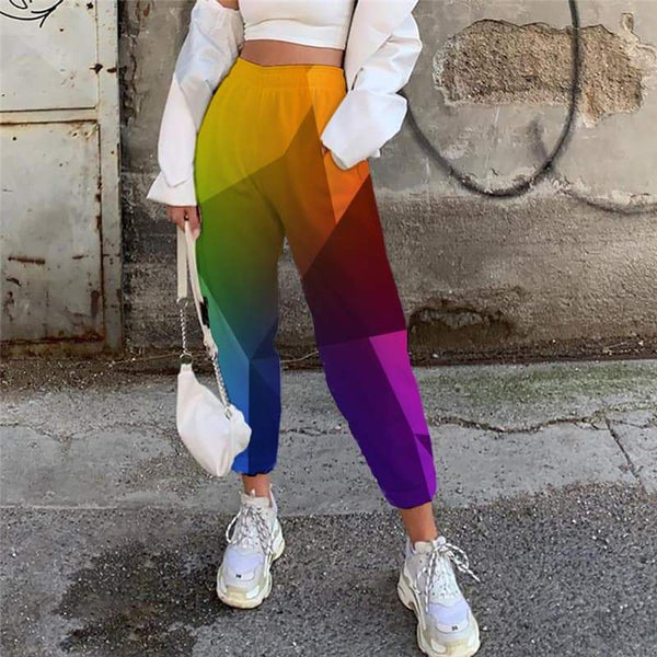 geometric Pants Women Psychedelic 3d Printed vortex Trouser square High Waist Pants rainbow Casual Pant - KYKU