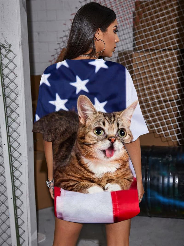 
Cat T-shirt Women Animal T-shirts 3d National Flag Tshirt Printed United States Summer
                