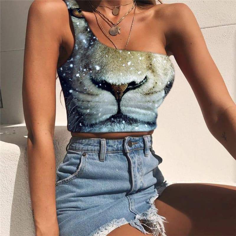 Lion Tank Tops Women Animal One Shoulder Crop Anime Sleeveless Shirt Snowflake Tees Graphic Harajuku Midriff T shirt - KYKU