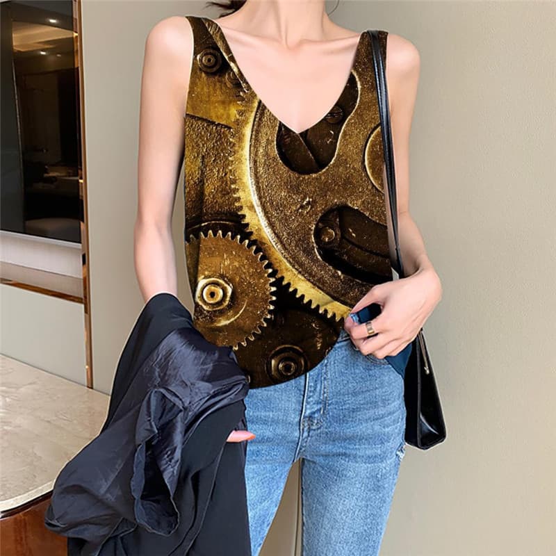Metal Tank Top Women Engine Sleeveless 3d Gear Tank Tops Casual Paint Vest Print