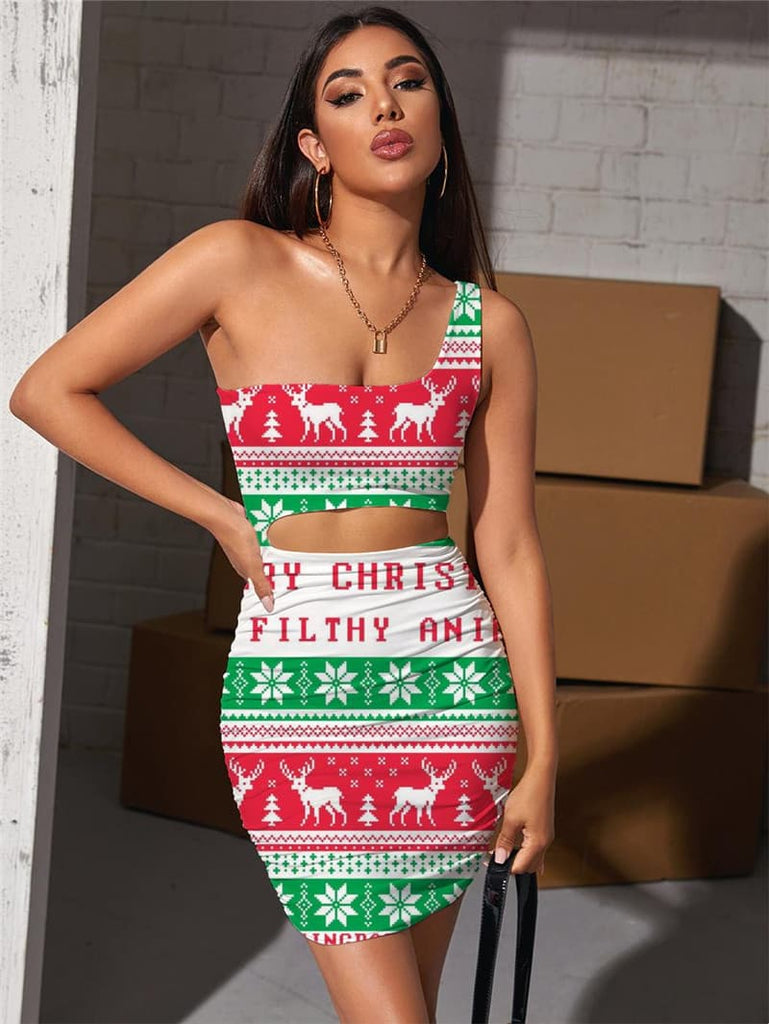 Christmas Dress Women New Year 3d Print Animal Pleating Deer Hollow out Dresses