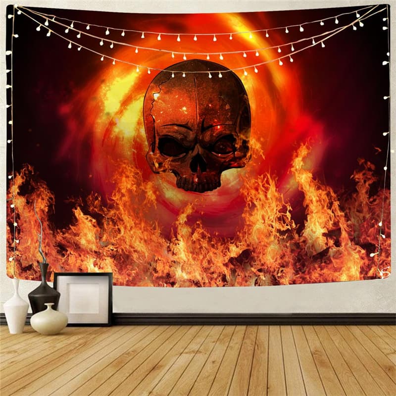 Skull Tapestry Punk Wall Tapestry Flame Tapestries Red Rug Wall Decor Mandala
