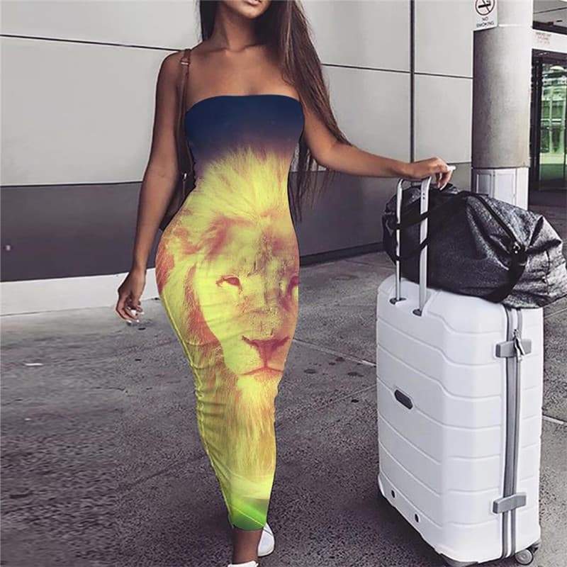 Lion Dress Women Animal Party Anime 3d Print Galaxy Bodycon Dress Colorful sleeveless - KYKU