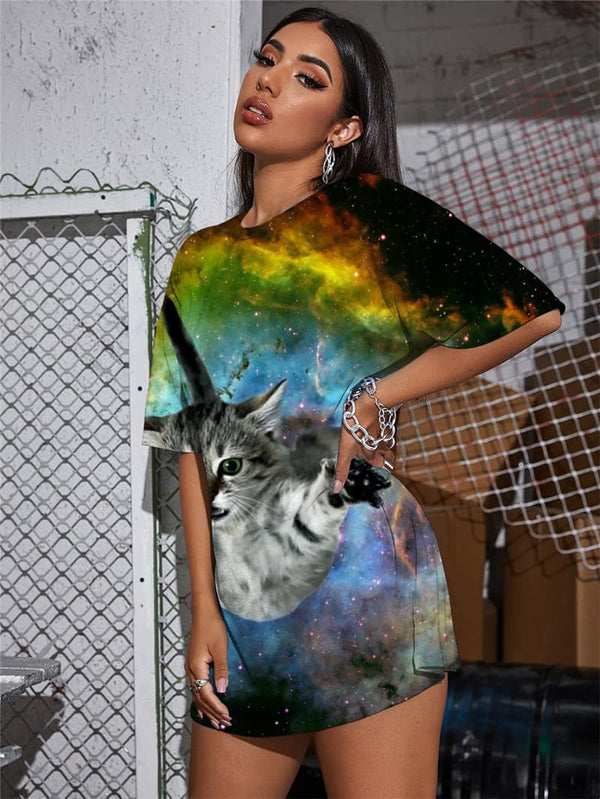 
Cat T-shirt Women Animal Gothic Nebula Summer Galaxy Punk Rock Womens Clothing
                