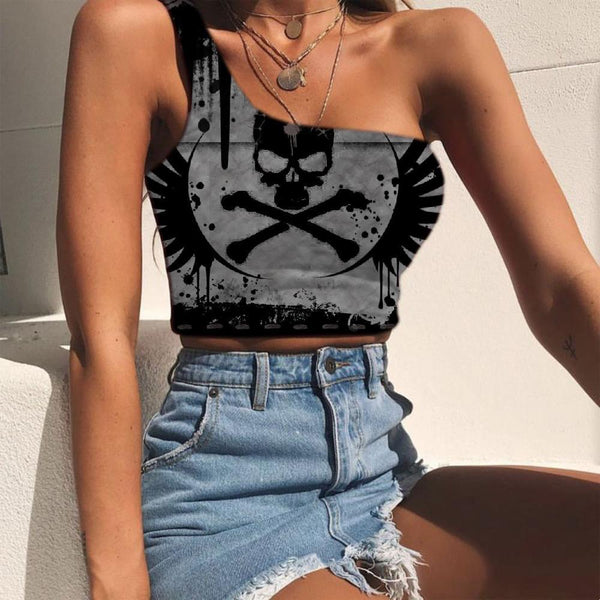 Skull Tank Tops Women Punk Midriff T shirt Wing One Shoulder Crop Black Sleeveless Shirt Venom Tees Graphic - KYKU
