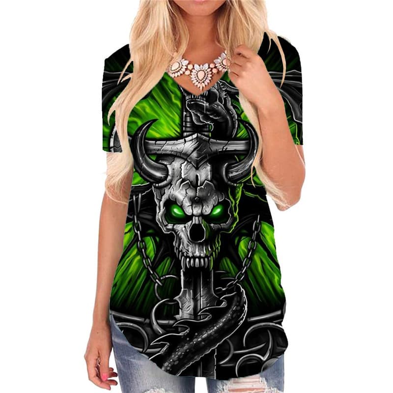 Skull T-shirt women Punk V-neck Tshirt Devil Funny T shirts Wing Shirt Print Iron Chain Tshirts Printed