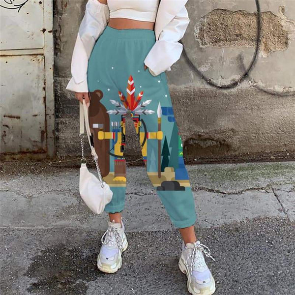 Indios Pants Women Bear 3d Printed Animal Jogger Pants Dark Green Trouser - KYKU