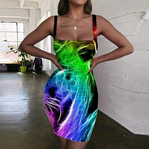 Lion Dresses Women Animal Bodycon Dress Anime 3d Print Colorful Halter Sleeveless Flame Vestido Sexy - KYKU