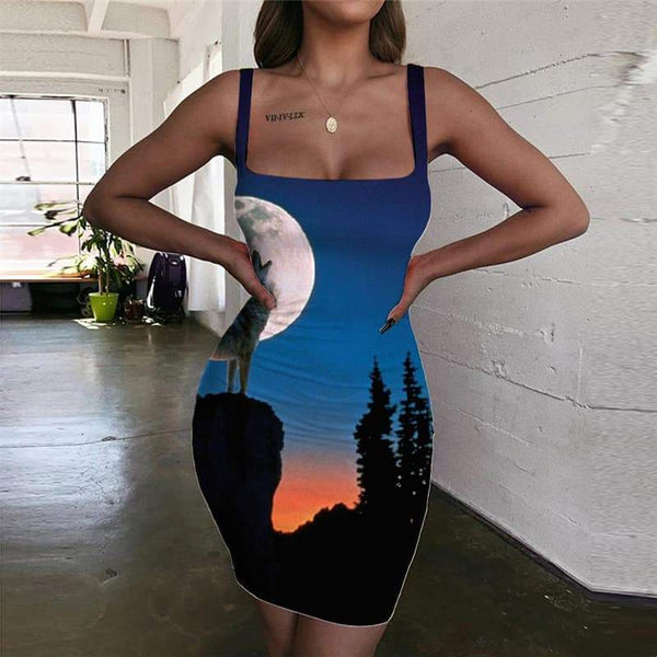 Wolf Dress Women Animal Ladies Dresses Anime 3d Print Moon Halter Sleeveless Tree Sundress - KYKU