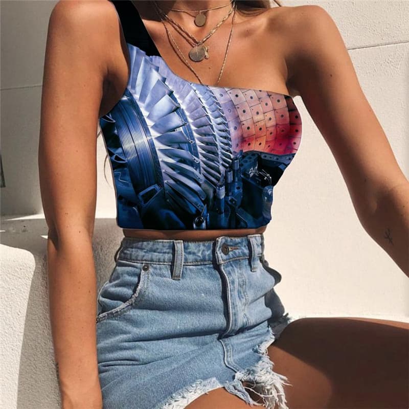 Metal Tank Tops Women Engine Tees Graphic Gear Midriff T shirt Technology One Shoulder Crop Harajuku Sleeveless Shirt