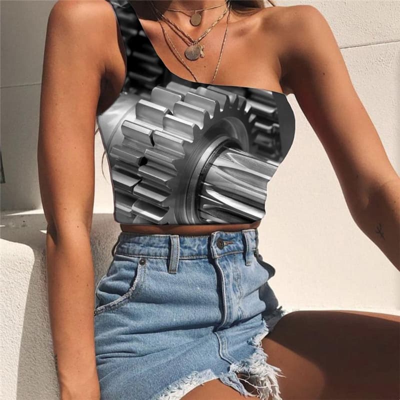 Metal Tank Tops Women Engine Sleeveless Shirt Gear One Shoulder Crop Punk Rock Tees Graphic