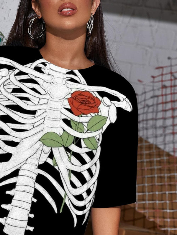 
Skeleton T-shirt Women Flower Punk Rock Art T-shirts 3d Hip Hop Shirt Print
                