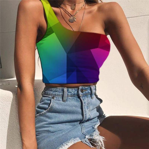 geometric Tank Tops Women Psychedelic Sleeveless Shirt vortex Midriff T shirt square Tees Graphic rainbow One Shoulder Crop - KYKU