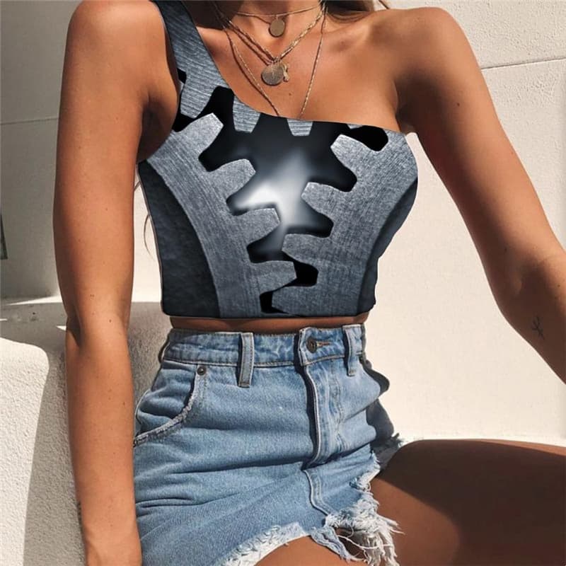Metal Vest Tops Women Engine One Shoulder Crop Gear Sleeveless Shirt Gray Midriff T shirt