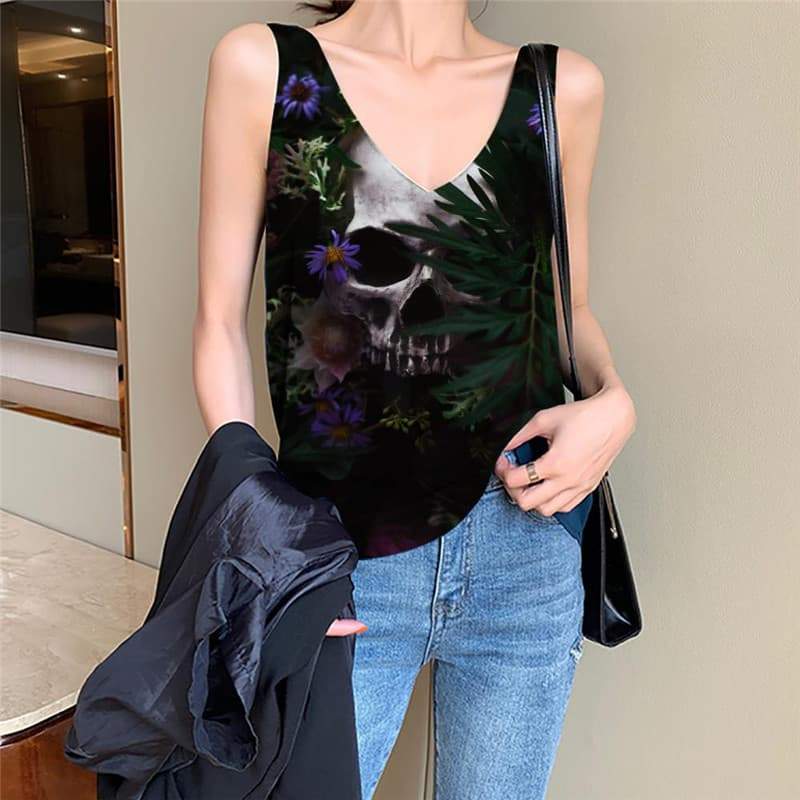 Skull Tank Top Women Punk Tank Tops Casual Flower Vest Print Grass Vest Printed - KYKU