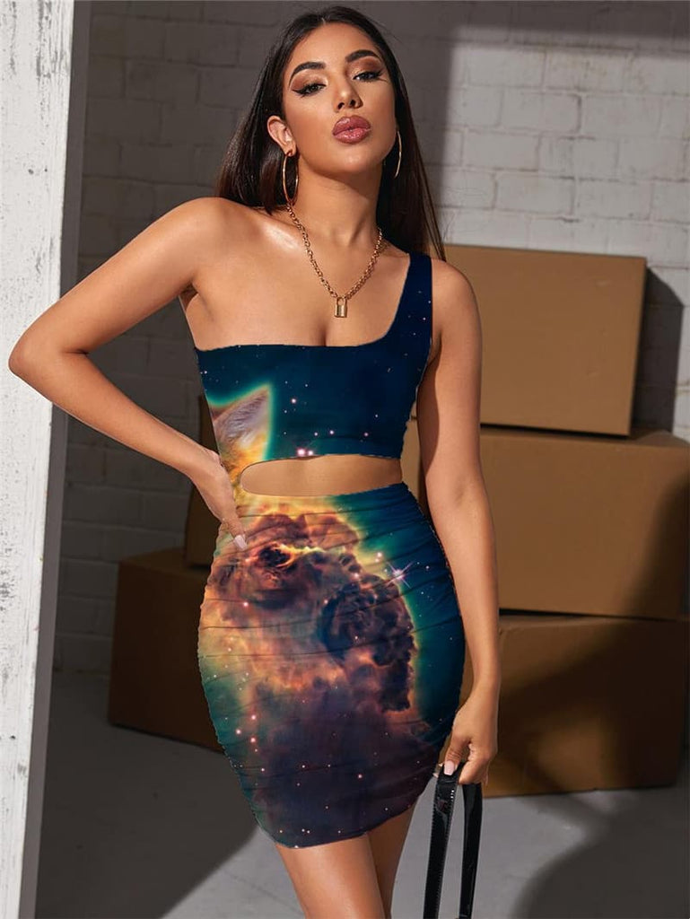 Cat Dresses Women Animal Bodycon Dress Galaxy Pleating Space Vestido Sexy Universe 3d Print