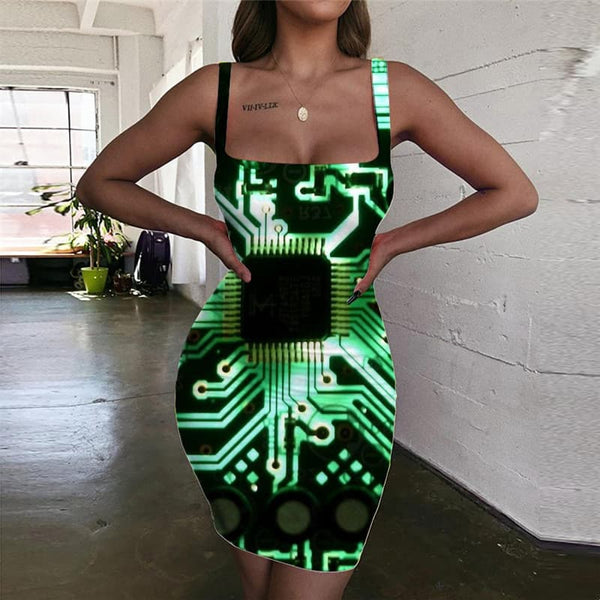 Metal Dress Women Engine Halter Sleeveless Gear Vestido Sexy Technology Sundress