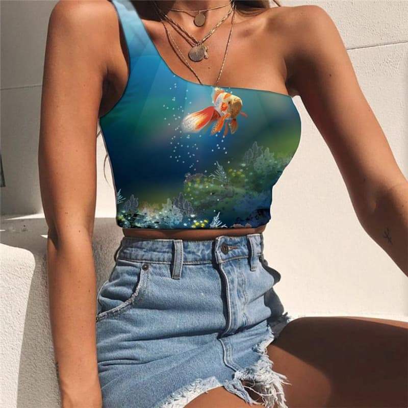 Fish Tank Tops Women Ocean Midriff T shirt Animal Tees Graphic Colorful Sleeveless Shirt - KYKU