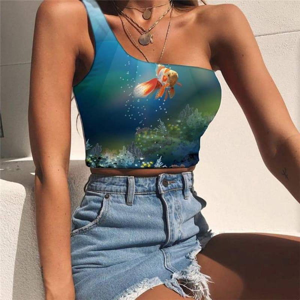 Fish Tank Tops Women Ocean Midriff T shirt Animal Tees Graphic Colorful Sleeveless Shirt - KYKU