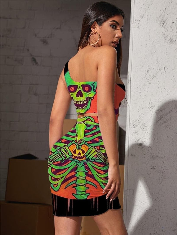 
Skull Dress Women Skeleton Halter Sleeveless Halloween Pleating Moon 3d Print Crow Bodycon Dress
                