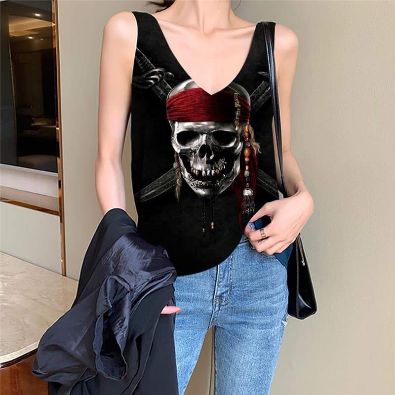 Skull Tank-Top women Punk Funny Top Pirate Vest Printed Knife Anime Clothes - KYKU